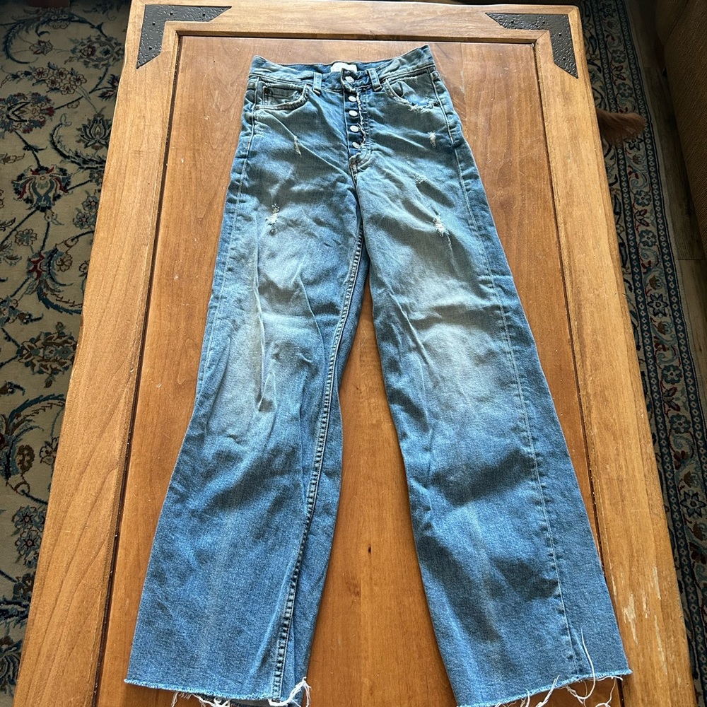 Boyish Distressed High-Rise Wide Leg Jeans - Blue